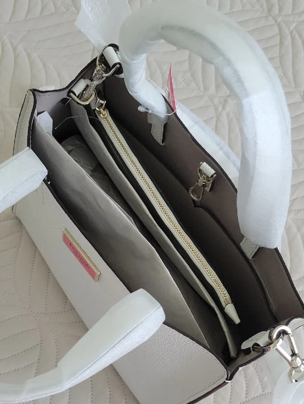 kate spade White Pebbled Leather Satchel with Pink Logo Plaque